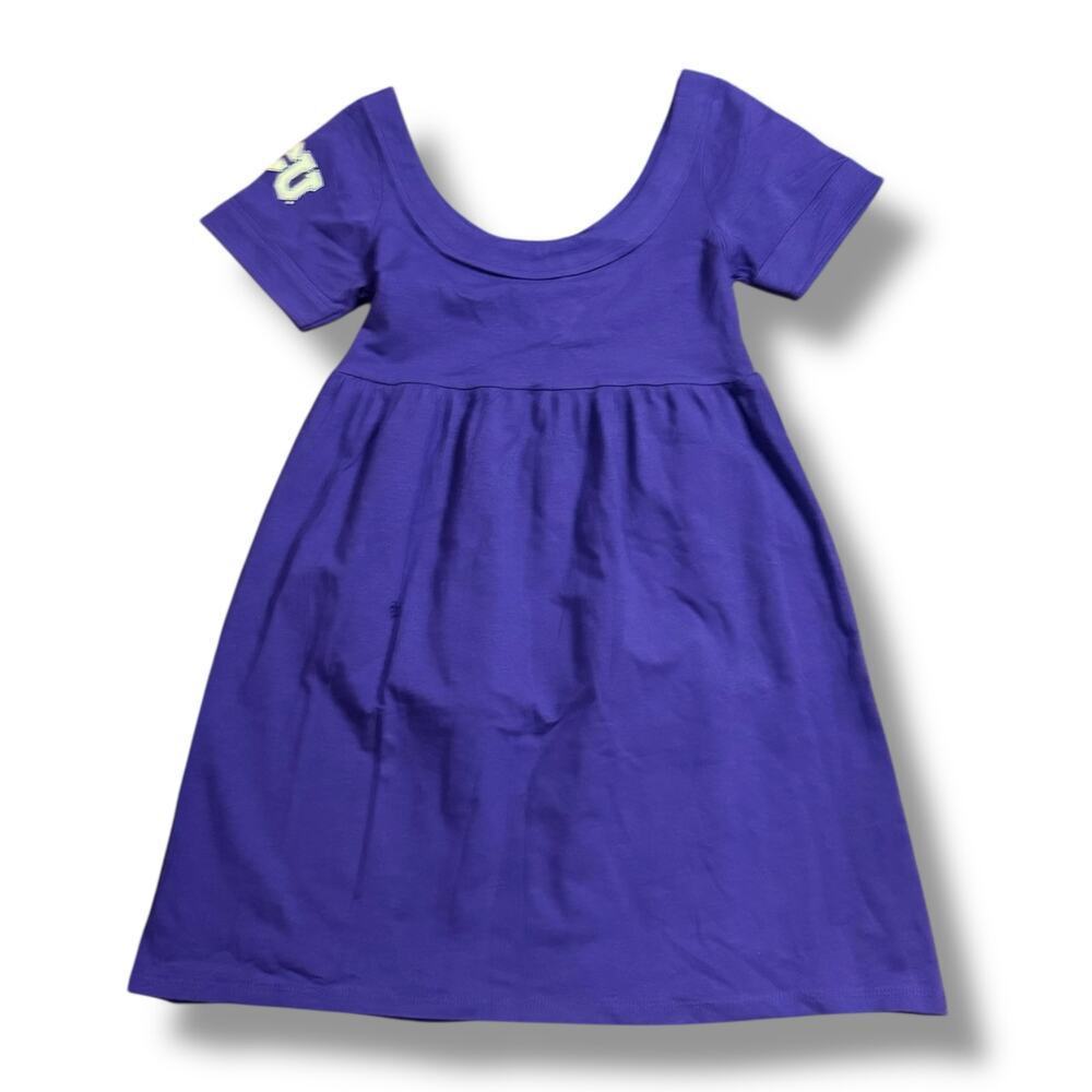 Y2K NOS TCU Mini Scoop Neck Dress Womens Purple White Logo Baby Doll Size M